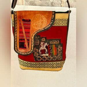 Vintage Handmade Peruvian-style Suede/Leather Crossbody with Ethnic Embroidery